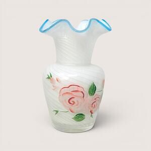 1970s Fenton White Swirl Glass Painted Rose Vase